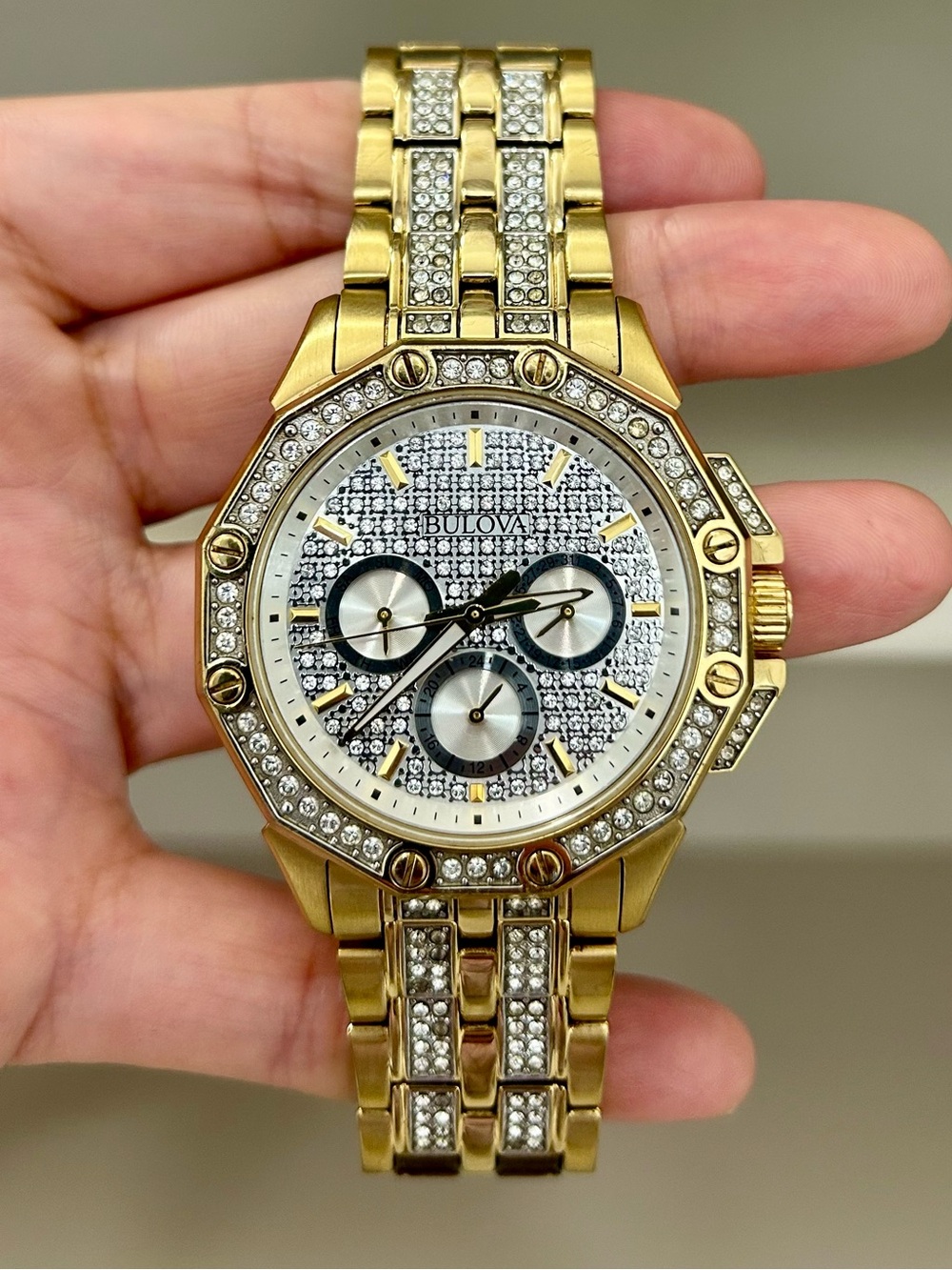 Bulova Mens Octava Crystal Gold Tone Watch 98C126 Pave Dial Accent